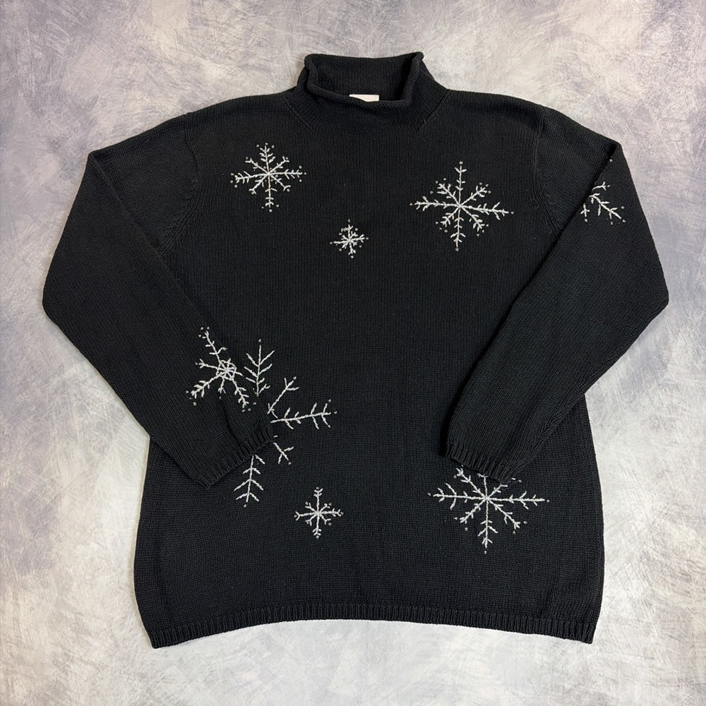 Vintage Villager Sport Sweater Womens L Black Snowflake Beaded Mock Neck Knit
